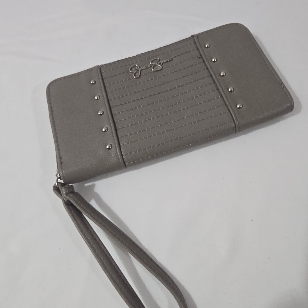 Jessica Simpson Studded Quilted Zip Around Wristlet Wallet‎ Taupe 8 Inch